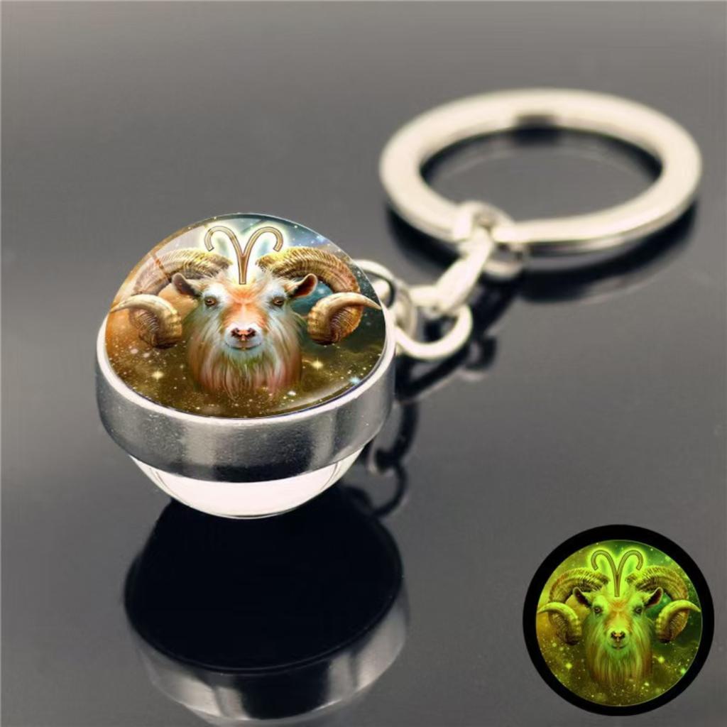 Schlüsselanhänger mit 12 Sternzeichen, im Dunkeln leuchtend, Taschenanhänger, Zeit-Edelstein, doppelseitiger Glaskugel-Schlüsselanhänger