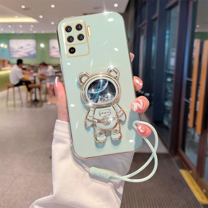 Reno5lite Glitter Astronaut Holder Plating Silicone Case For Oppo Reno 5 6 7 8 Lite 5lite 8t Reno7 A54 A74 4g 5g Lanyard Cover