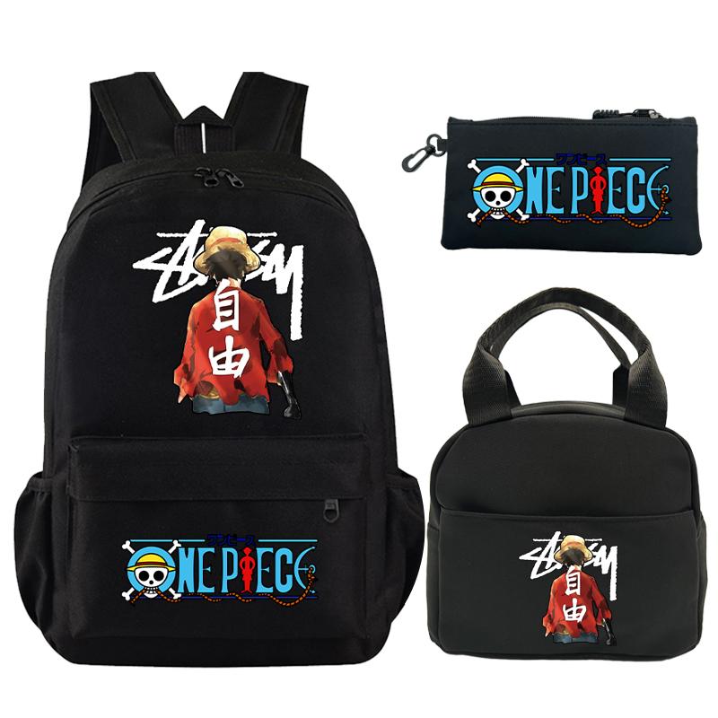 3Pcs/set Anime One Piece Anti Theft Bag with Lunch Bag Pencil Case Supplies Stationery for Girl Boy Back To School Wear-Resisting Leisure Bag Mochila