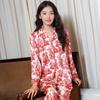 Women Spring and Fall Print Flower Pajamas Set Long-sleeved Shirt with Turn-down Collar + Long Pants Two-piece Set