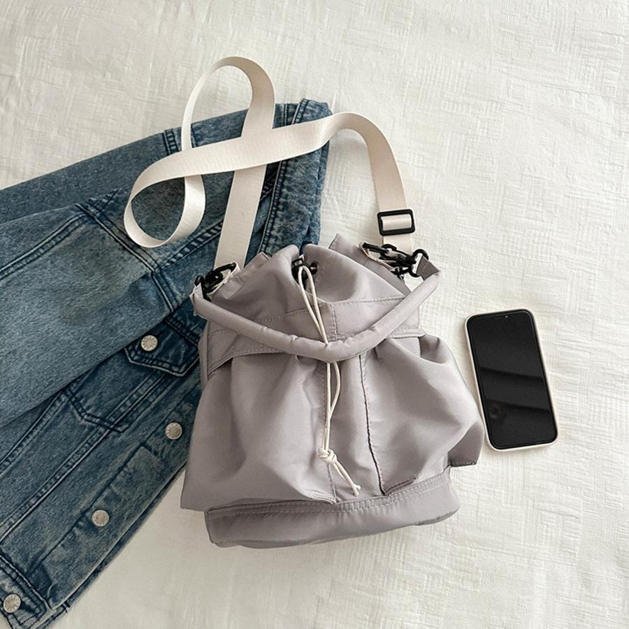 Commuter Crossbody bag for women Korean handbags casual solid color shoulder bag drawstring fold large capacity nylon bucket bag