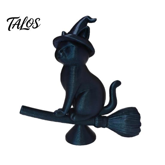Talos Witch Cat Figurine, Black Riding Broom Statue, 3D Printed Ornament, Collectible Desktop Decoration for Home Office Decor