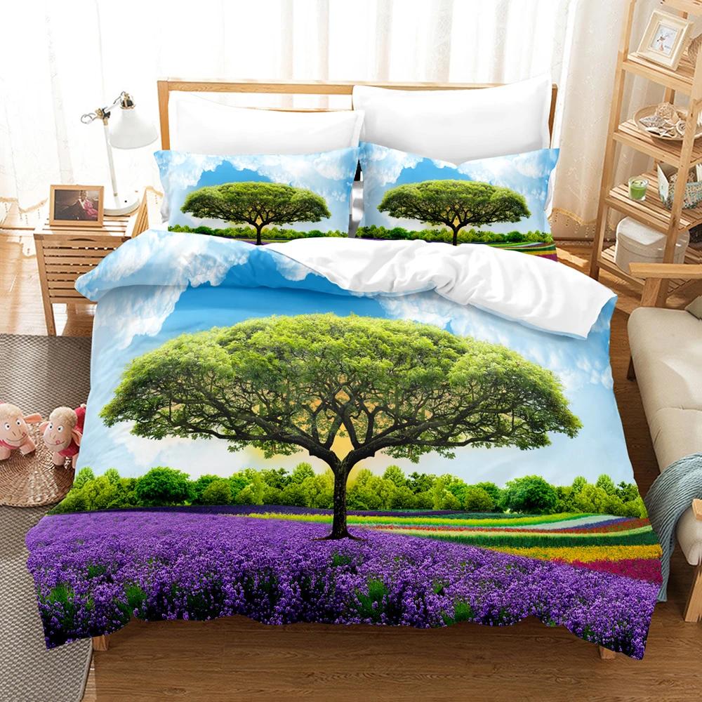 Lavender Bedding Duvet Cover +pillowcases Pastoral Village Purple/ Field Comforter Cover Sets 2/3 Pcs Microfiber Bed Set King