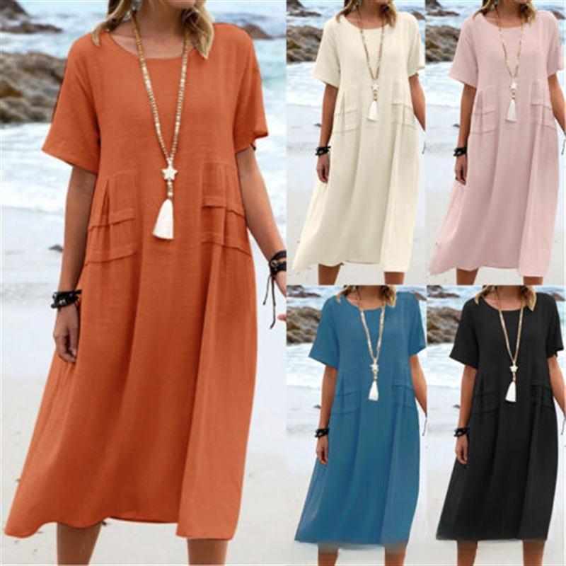 New Women's Cotton Pocket Casual Solid Color Short Sleeved Dress