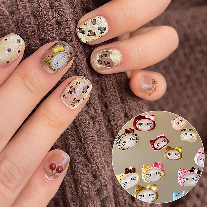 10Pcs/Bag 3D Cartoon Hello Kitty Nail Charms Mixed Resin Kitty Cat With Bowknot Nail Art Decoration Kawaii Glittery Kt Nail Part