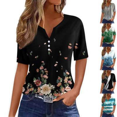 Damen-T-Shirt, T-Shirt, bedruckt, Knopfleiste, kurzärmelig, für den Alltag, Wochenende, modisch, Basic, V-Ausschnitt, normales Oberteil