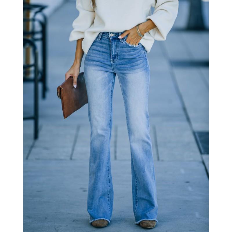 High-Waisted Stretch Denim Flare Pants Women Classic Washed Cotton Blend Office Chic Trousers