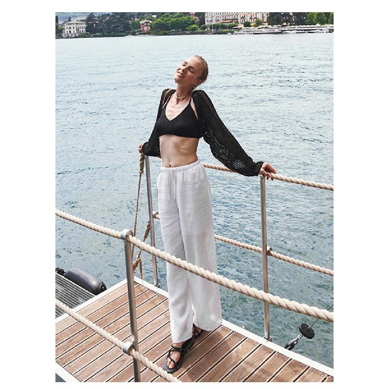 White linen tencel wide-leg women's pants, spring/summer high-end loose simple straight-leg pants, paper-thin cotton-linen casual women's trousers