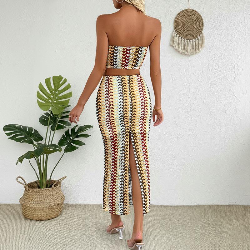 VEZFAA Women's Fashion Casual Colour Block Print Summer Spring Sleeveless Skirt Suits