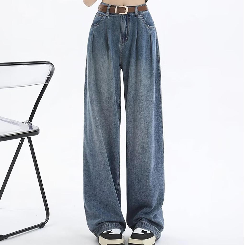 Women's White Wide-Leg Jeans, 2025 Spring/Summer, Pleated High-End, Loose Drapey Full-Length Pants.