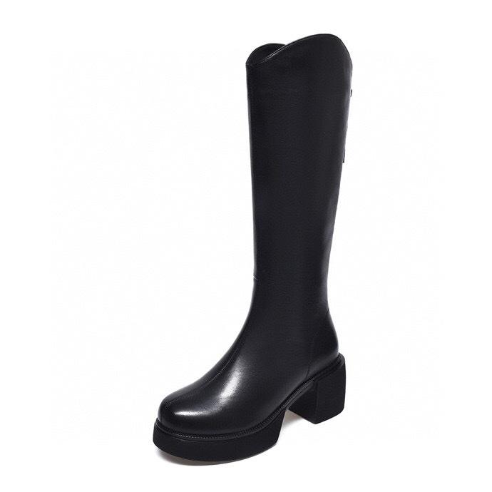 Long Boots, Leather Boots, Women's Boots, High Boots, Simple First-layer Cowhide Knight Boots, Thick-soled Thick-heeled Rear Zipper Military Boots