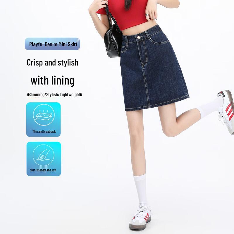 Women s High-Waist A-Line Denim Mini Skirt with Anti-Exposure Lining 2XL
