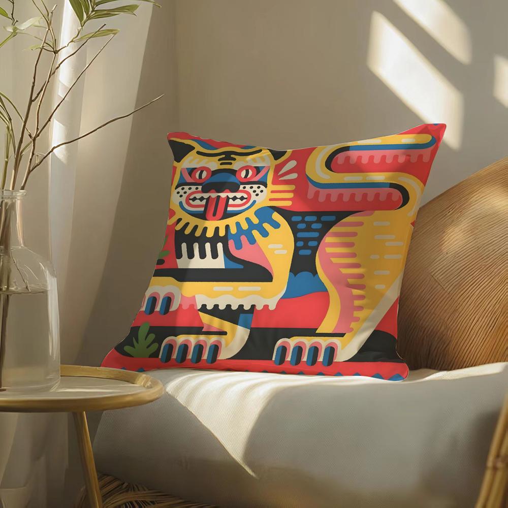 Oriental Festive Lion Print Pillow Case Double-Sided Plush Sofa Cushion Covers Organic Breathable Invisible Zipper