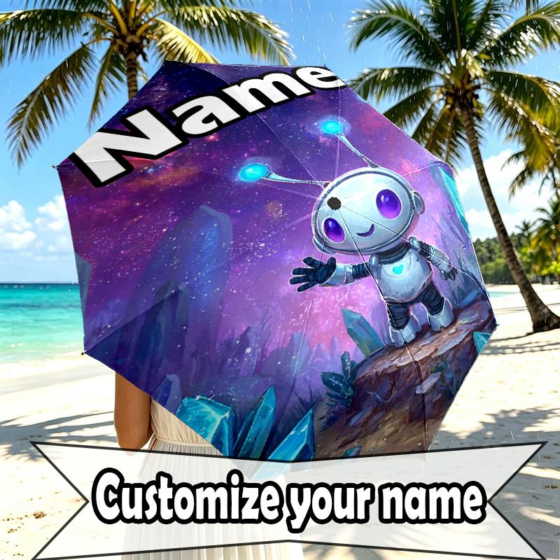 Custom Name Personalized Cosmic Bot Crew Print Umbrella, Auto Open Close, 8‑Rib Sturdy Frame, Commute Camping Hiking Use, Birthday Gift