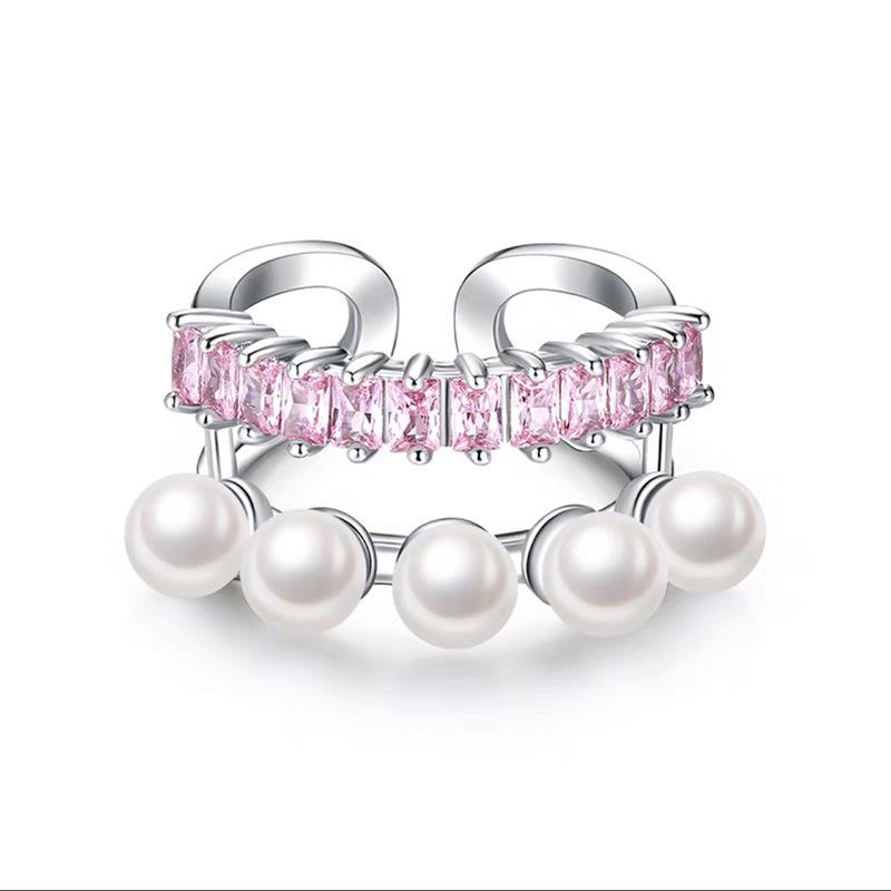 Korean Sweetheart Princess Pink Rhinestone Double Heart Pearl Ring Adjustable