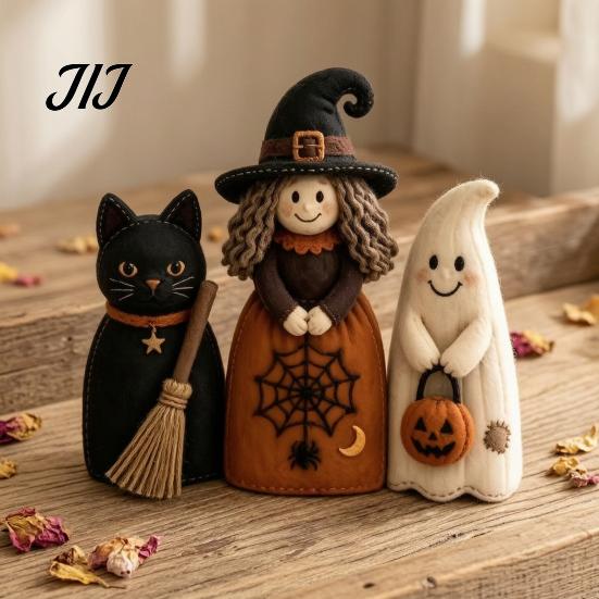 Rustic Autumn Tiered Tray Decor Halloween Wooden Witch Statue, Retro Felt Style Black Cat Ghost Decorative Figures Bat for Shelf Desk, Spooky Festive