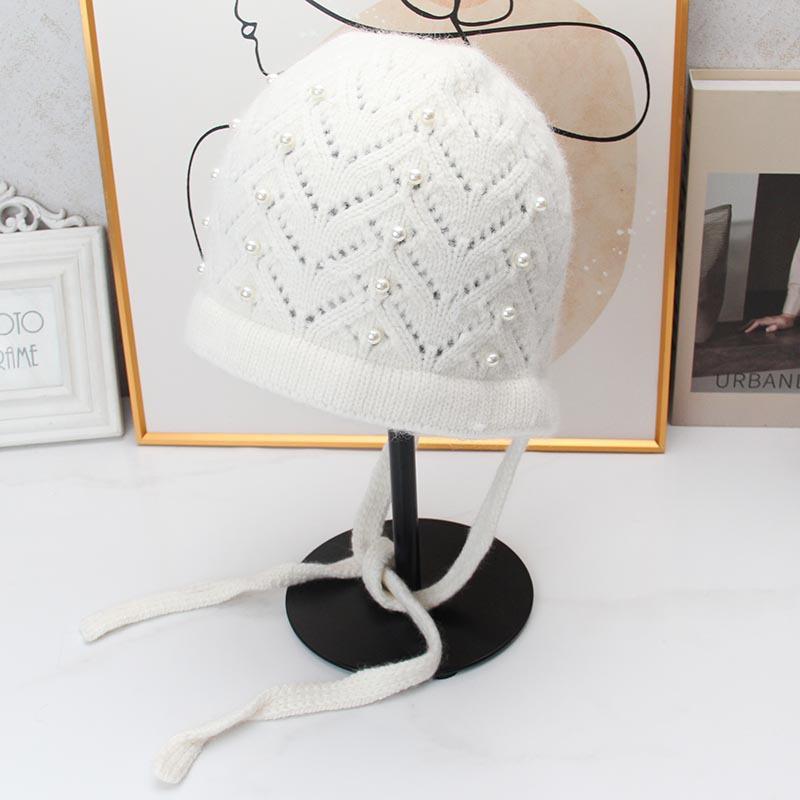 Pearl lace-up ear protector wool hat women's autumn and winter soft waxy rabbit hair knitted hat pearl twist bag head thermal hat