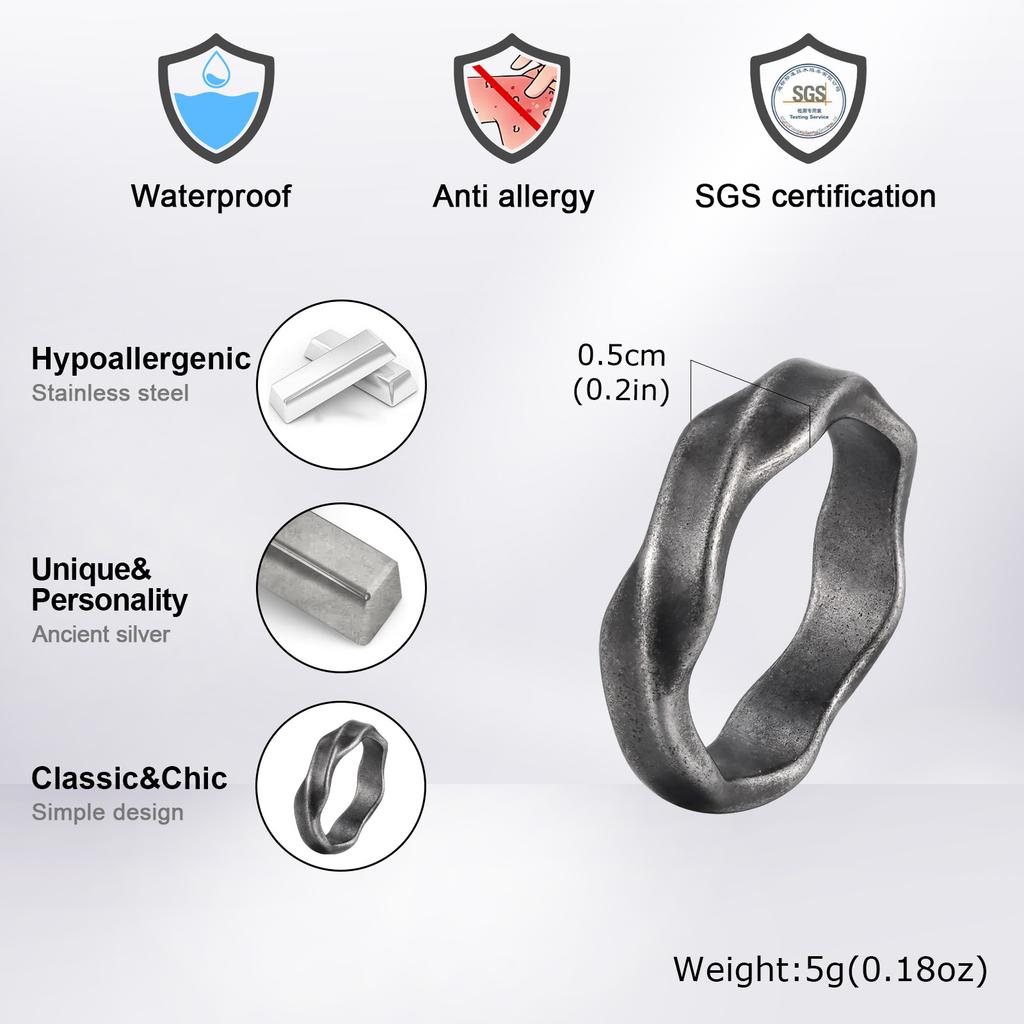 Vnox Retro Grey Stainless Steel Rings for Men Boys, Punk Rock Male Finger Bands Jewelry, Vintage Party Anniversary Gifts for Him