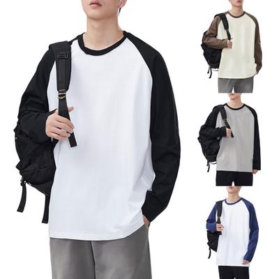 Homens Primavera Outono T-shirt Cor Combinando Solto Gola Redonda Mangas Compridas Pulôver Top Casual Escola Esporte Roupas