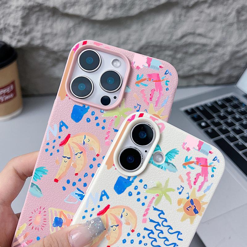 Cartoon Vacation Painting Case For iPhone 17 Pro Max iPhone 16 Pro Max 15 14 13 12 11 16E Air Luxury Leather Texture Silicone Cover