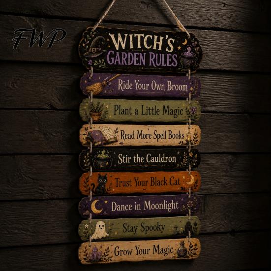 Hanging Wooden Plaque Witch's Fall Rules Sign, Vintage Halloween Wood Wall Rustic Front Door Decor Farmhouse Art for Outdoor Porch Yard, Home Ornament