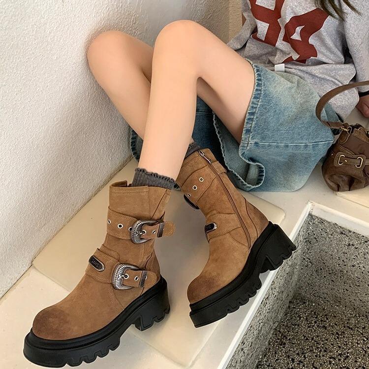 2025 autumn and winter new frosted cowhide muffin thick bottom Korean version of Martin boots Internet celebrity travel desert boots secret