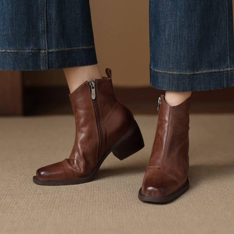 Neue Damen-Rindsleder vielseitige Martin Stiefel einfarbig Seitenreißverschluss Übergröße mittlerer Absatz Damenstiefel dicker Absatz Reißverschluss mittelhohe Stiefel