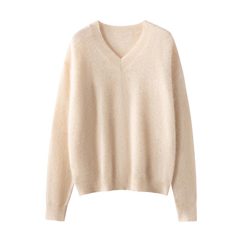 Versatile Cashmere Silk V-Neck Brushed Solid Color Loose Knit Pullover Sweater