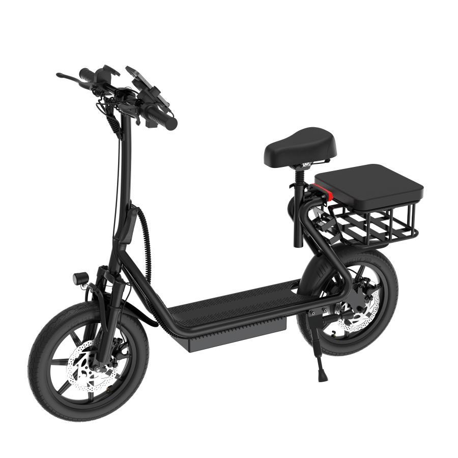 Elektrischer Roller für Pendler mit Sitz, Heckkorb, 48V Akku, 500W Motor, faltbarer Rahmen