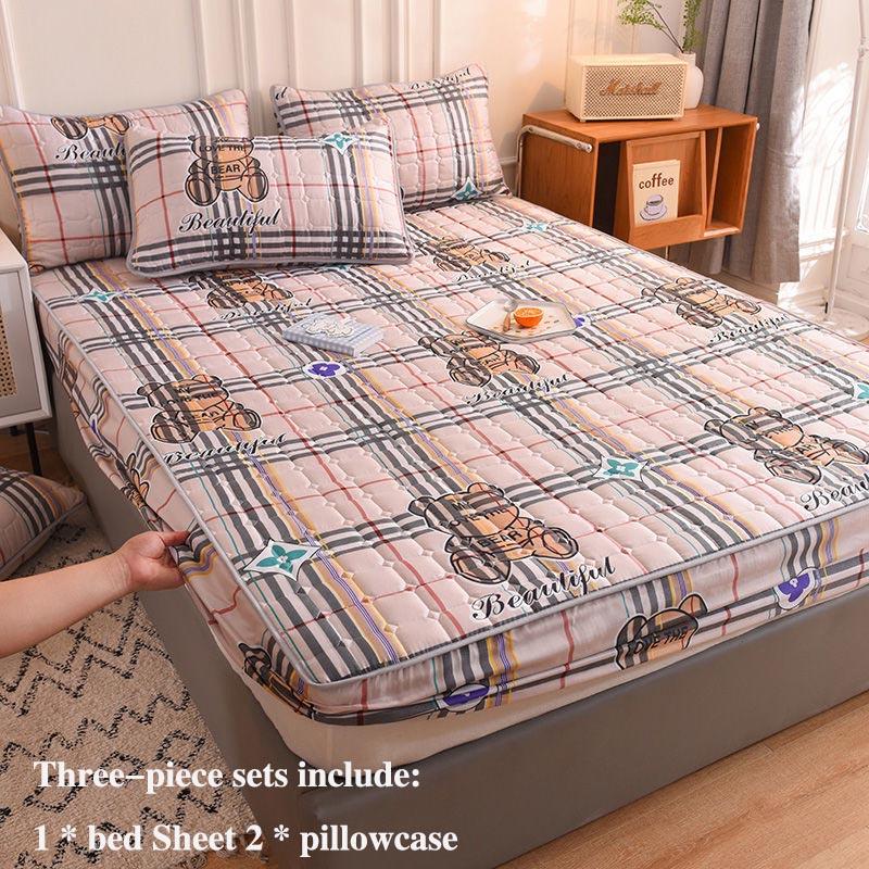 Bed Pillowcase Three-piece Non-slip Fixed Bed Cover Thickened Cotton Breathable Dust-proof Cover Mengsi Protective Cover Double Bed Set