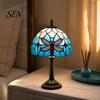 Vintage Style Table Ornament Tiffany Dragonfly Stained Glass Lamp, Blue Bedside Night Light, Handmade Art Lamp Decorative Atmosphere for Bedroom