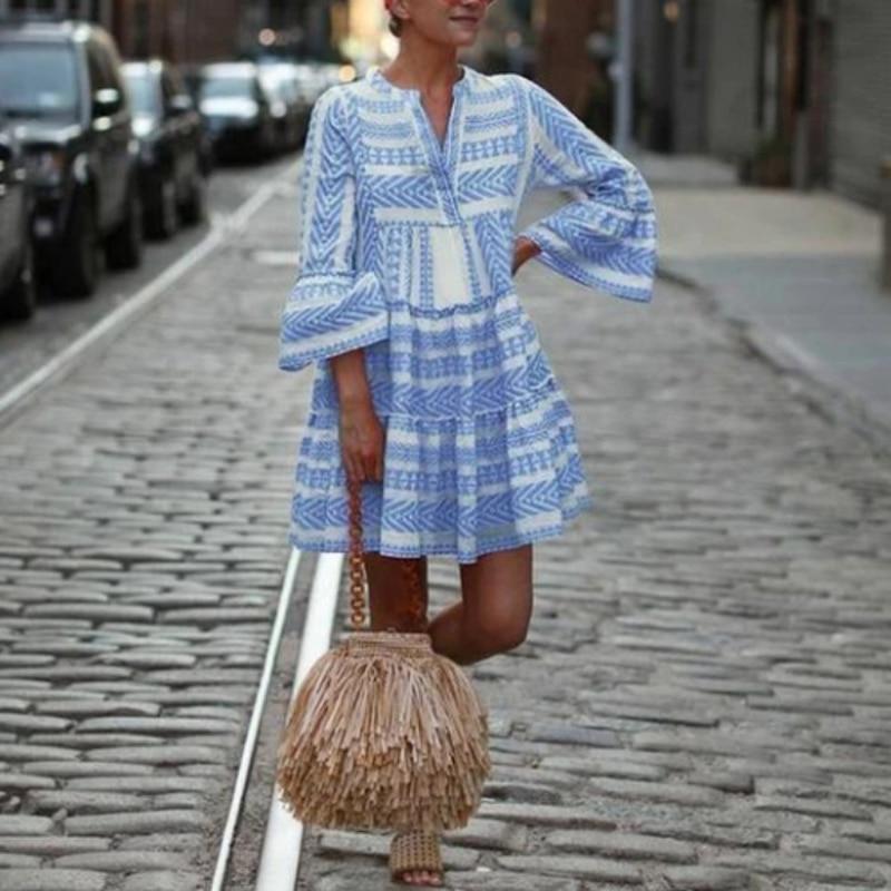 Dámske letné plážové šifónové šaty Ležérne dlhý rukáv bodkované šaty Boho mini spoločenské šaty Elegantné V-výstrih letné šaty XXXL modrá