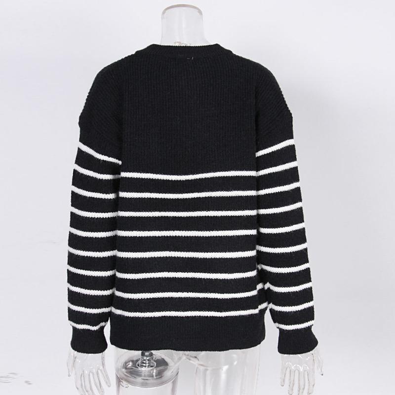 Autumn Loose Striped Long Sleeve Pullover Women's Sweaters Winter Tops Vintage Zipper Round Neck Knitted Sweater Woman Elegant Ladies Jumpers 25130