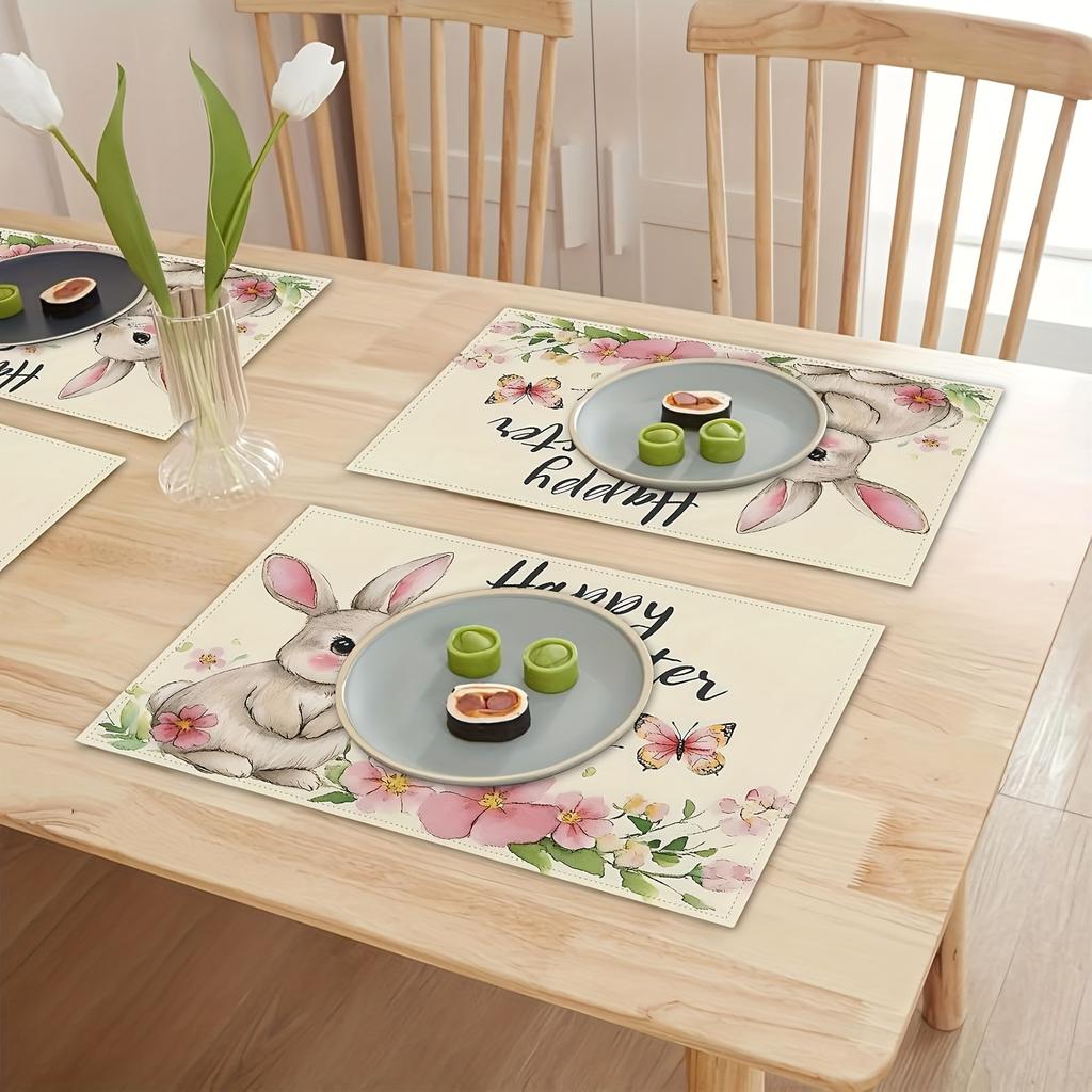4/6pcs Set Easter Floral Butterfly Rabbit Placemats for Home Kitchen Party Indoor and Outdoor Decoration 12x18 Inches