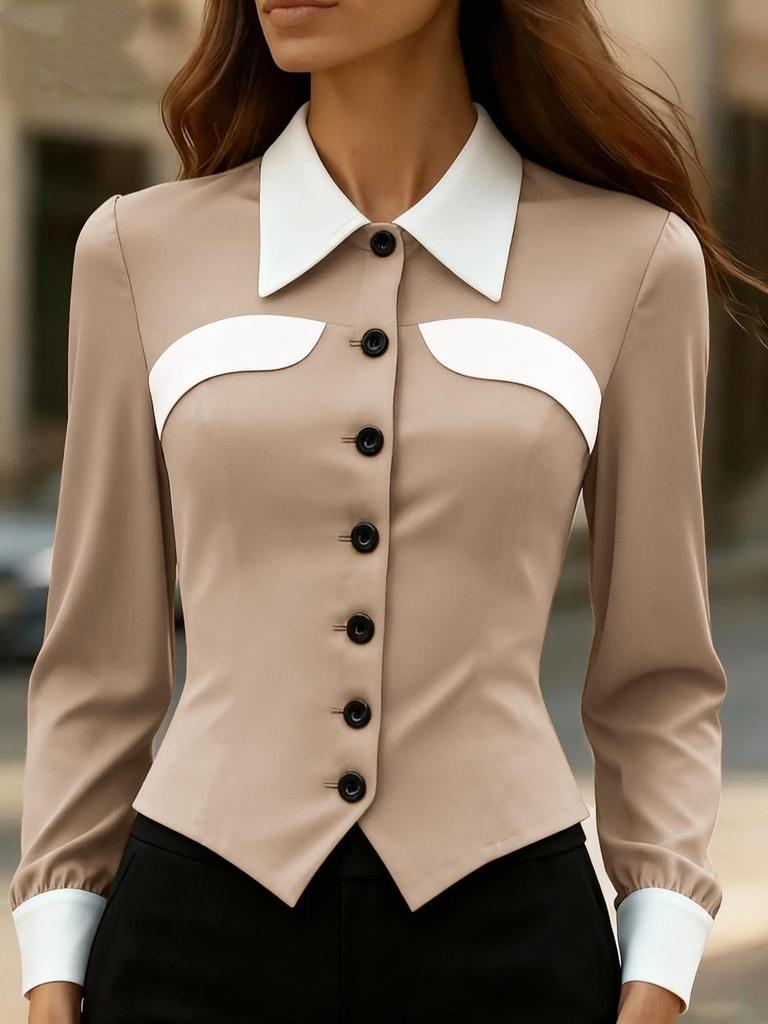 European 2025 Fashion Slimming Color Block Long Sleeve Women's Shirt