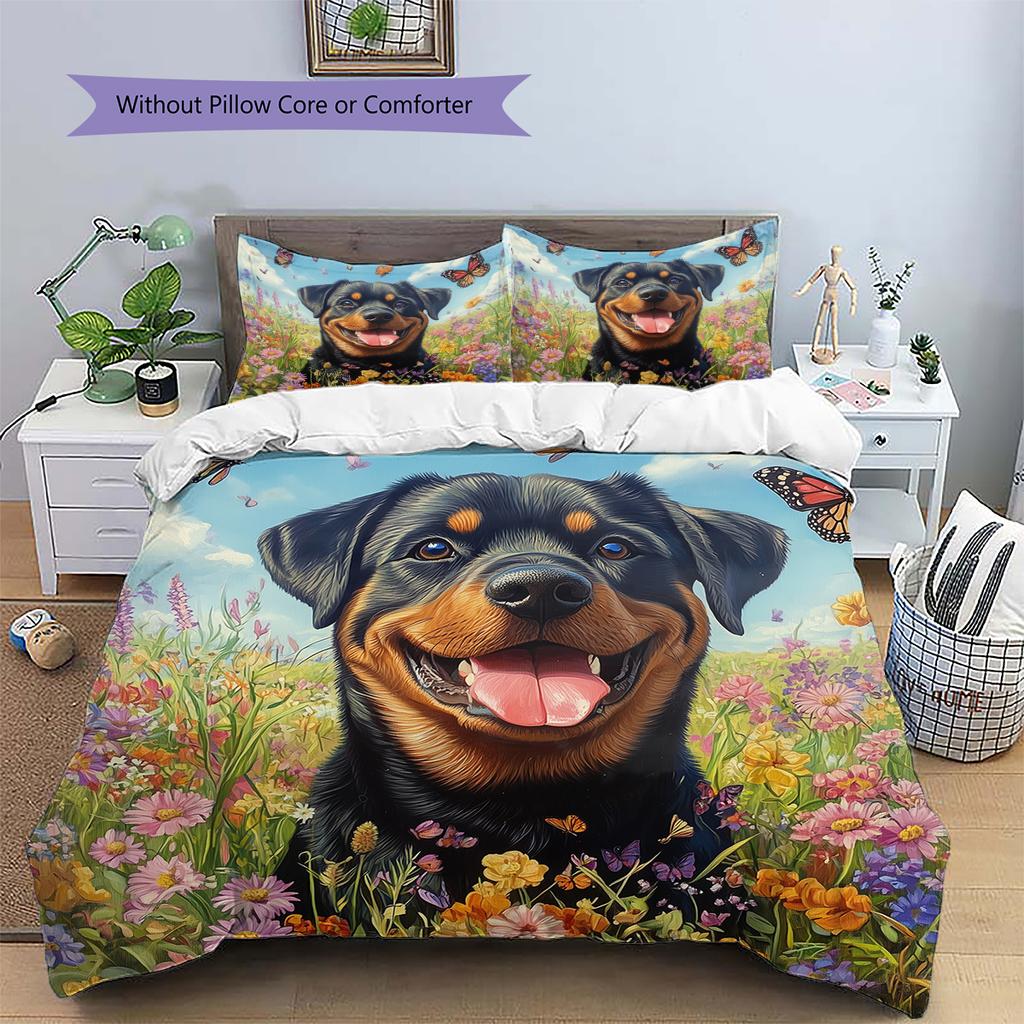 Rottweiler and garden Pattern Bedding Home Decoration Birthday Gift (1 * duvet cover + 2 * pillowcase, without core)