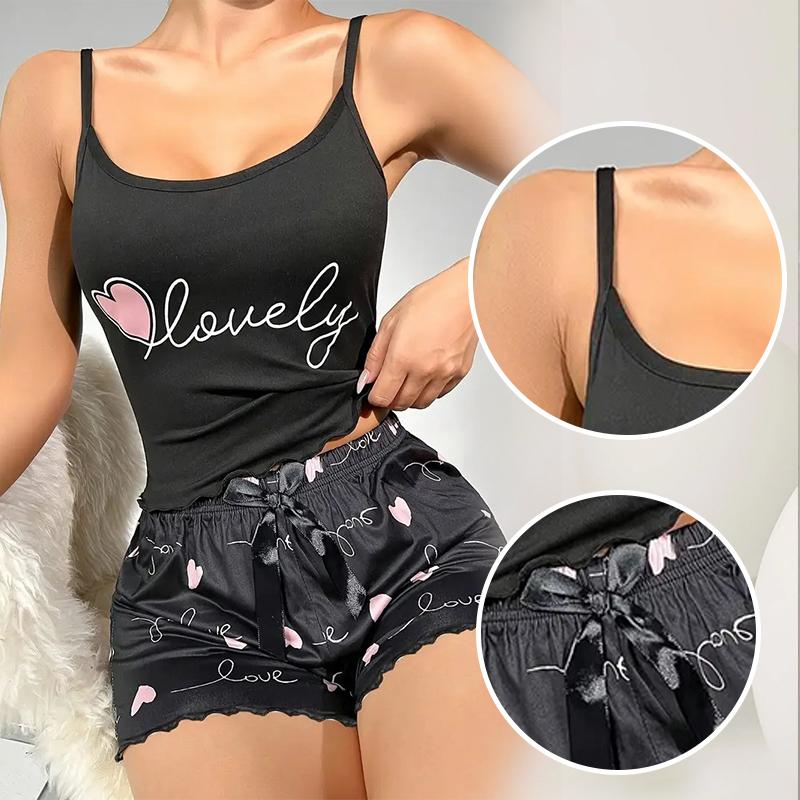 Damen Milchseide Pyjama Set Bedrucktes Camisole und Shorts Zweiteiliges Sommer Komfort Homewear Sexy Loungewear Outfit
