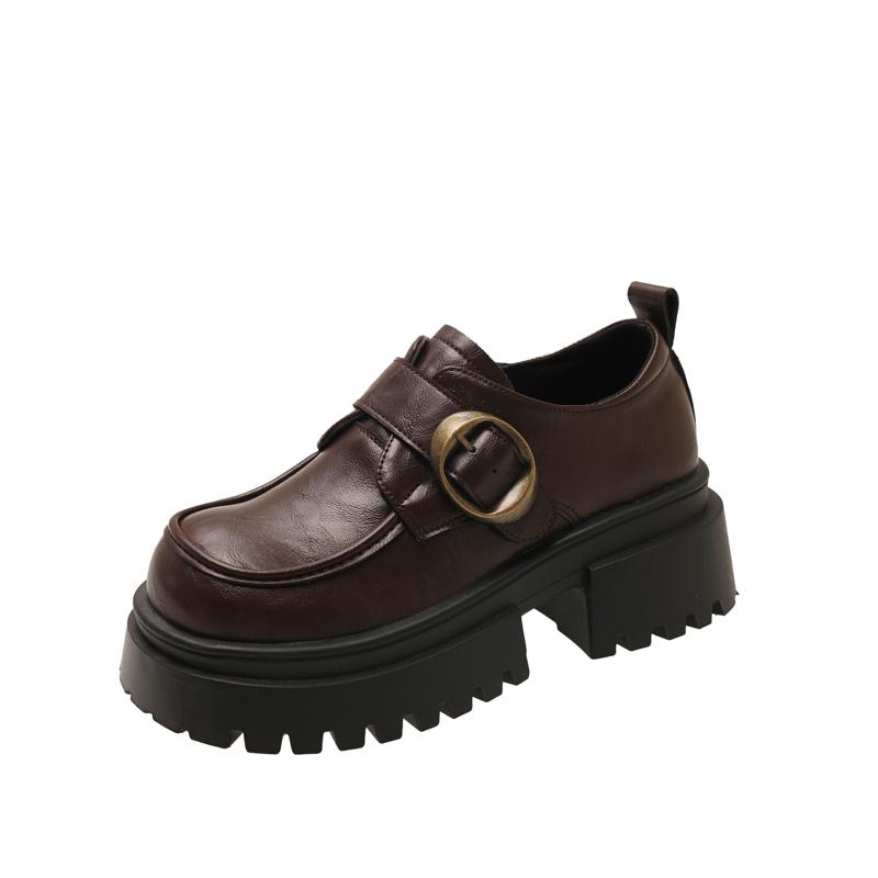 Fashion Square Heel Loafers Autumn New Round Toe Deep Mouth Metal Buckle Platform Non-slip Single Shoes