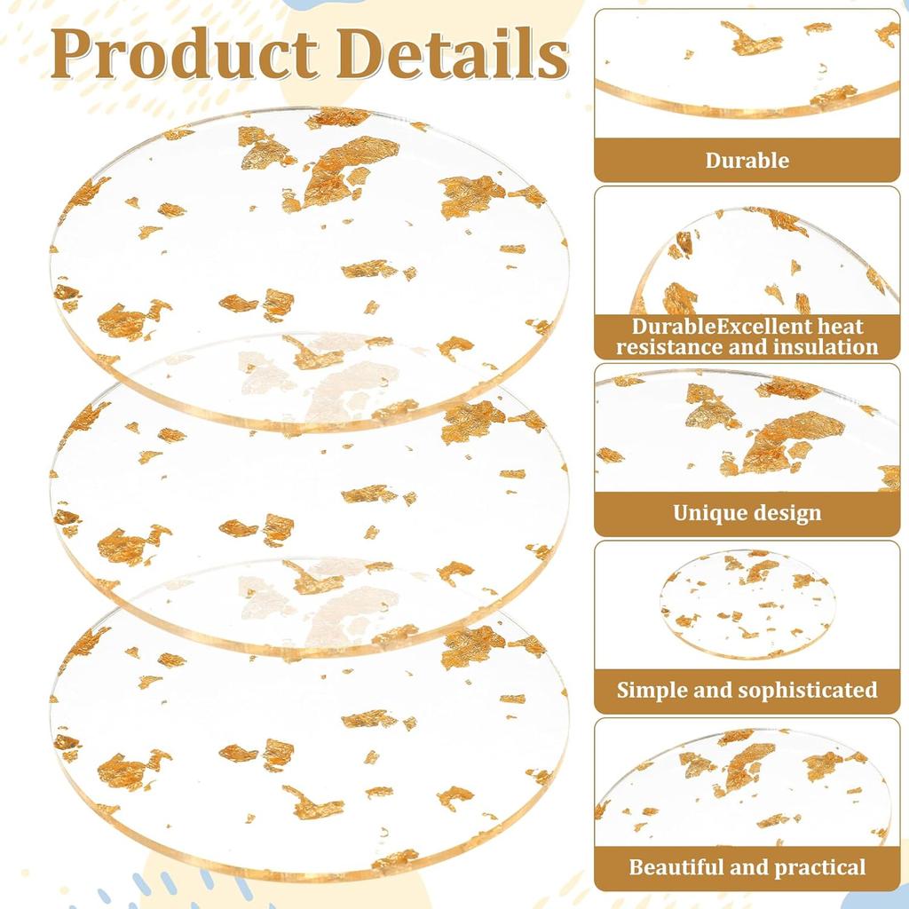 3 Pcs Gold Foil Acrylic Cup Coasters, Foil Modern Cup Drink Mat Clear Acrylic Bar Coaster Round Foils Drink Coaster Gold Placemats for Table