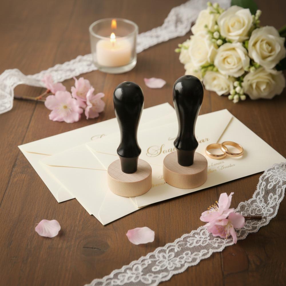 Custom Round Wooden Wedding Stamp, Personalized Monogram Seal for Couples, Engagement & Marriage Celebration for Invitations, Thank You Cards