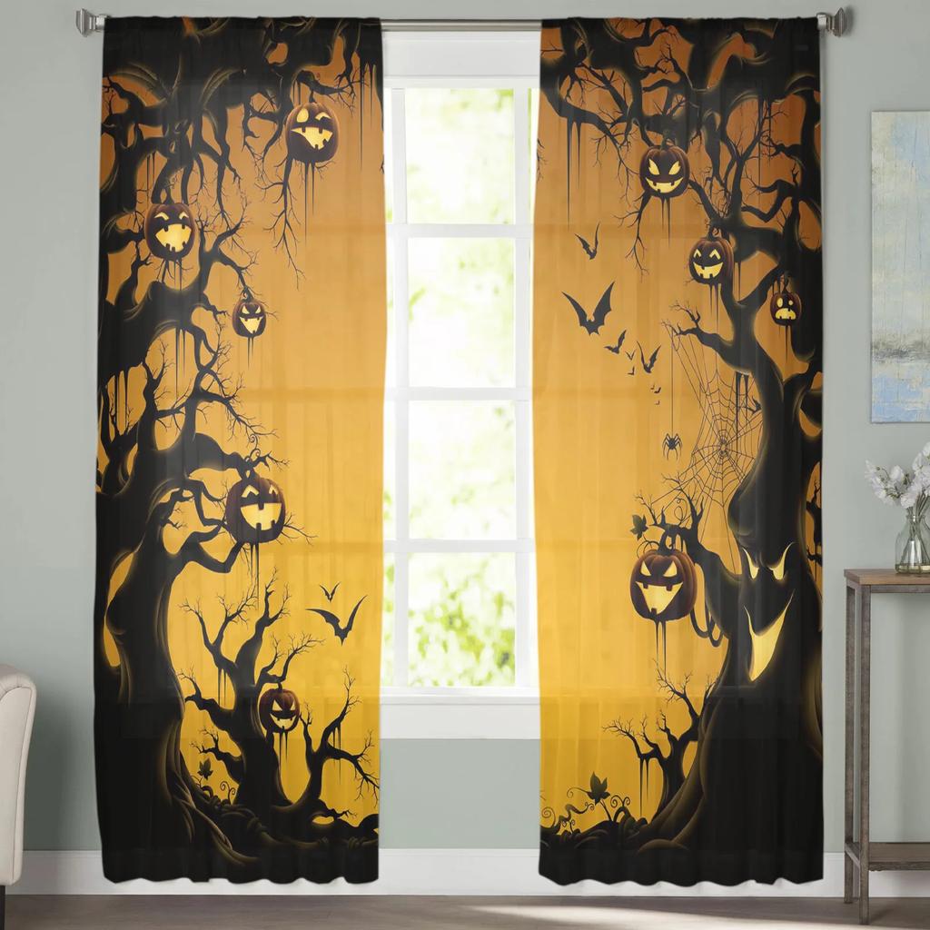 Halloween Bat Pumpkin Curtain Window Tulle Living Room Bedroom Kitchen Chiffon Treatment Decorations Curtains Light Filtering Polyester Sitting