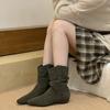 French suede pleated heel medium boots women's 2025 autumn and winter wear retro western medium tube Martin boots