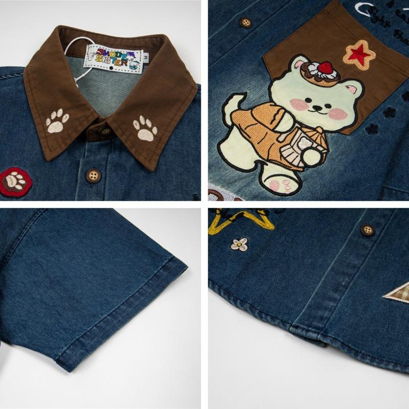 American Retro Coffee Bear Sticker Embroidered Denim Short-sleeved Shirt for Men and Women Couple Summer Loose Casual Shirt