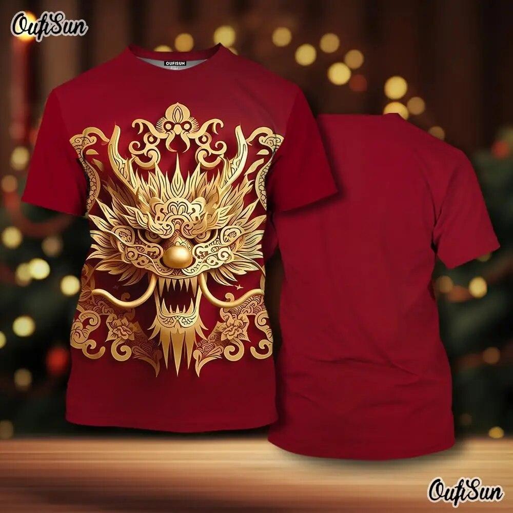 2024 Neujahr Herren T-Shirt Drache 3D-Druck Tiermuster Herren T-Shirt Chinesisches Jahr des Drachen Kurzarm rote Tops