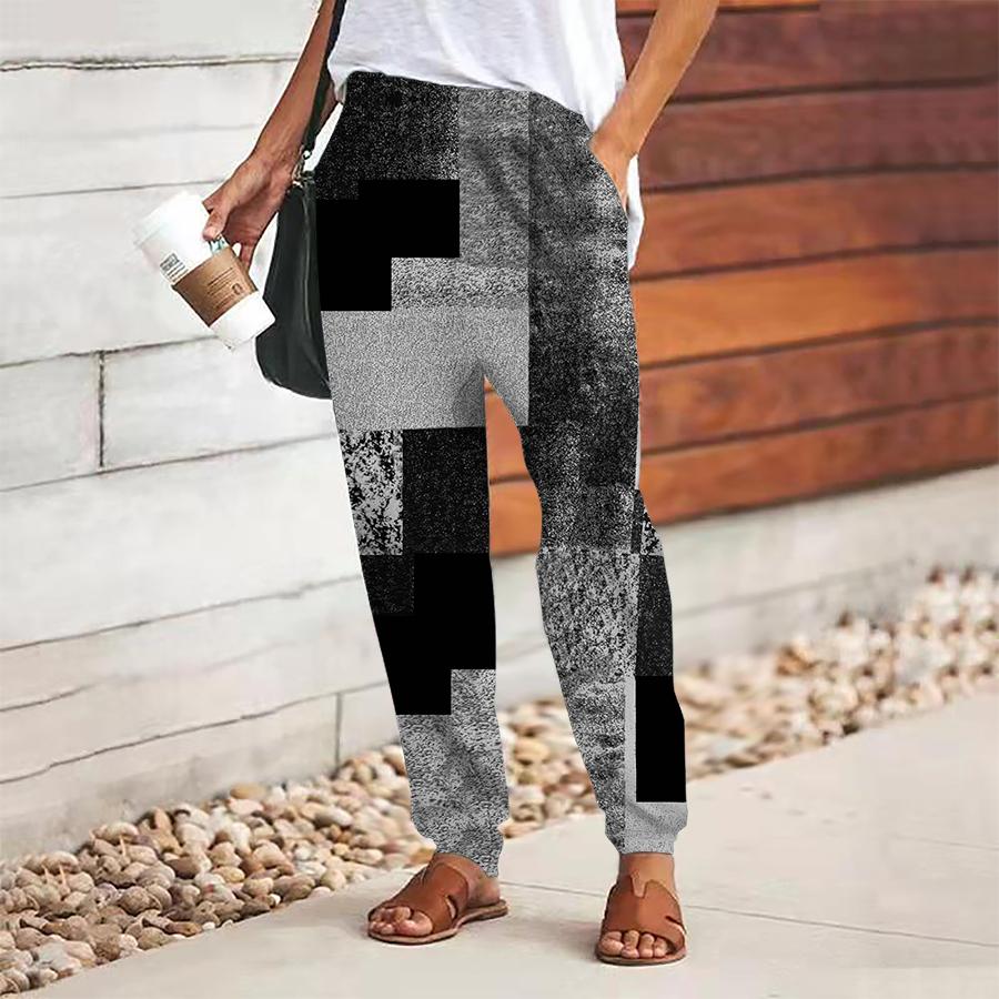 Women Geometry Printing Pants Lace Up Elastic Waist Loose  Trousers Casual Long Pants Trousers with Pockets