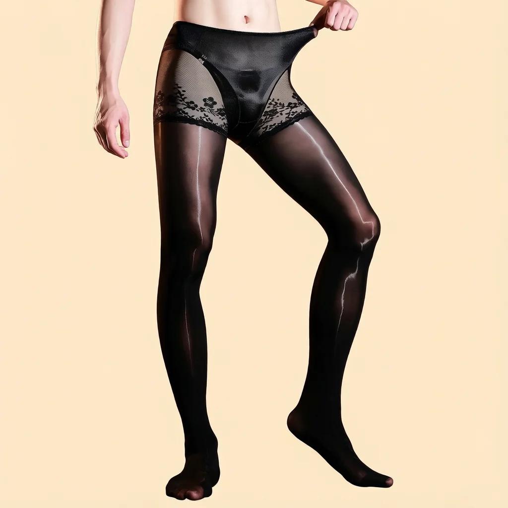 Fashion Men 5D Thin 912 Pin Oil Shiny Pantyhose 2 In 1 Briefs Underpants Patchwork Tights Man Shaping Leggings Elastic Lingeries