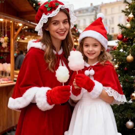 Frau. Claus Kostüm für erwachsene Frauen Weihnachtsmann Rote Beerenhaube Mob Cap mit Spitzenbesatz und Weihnachts-Handschuh-Set für Weihnachtsfeier Cosplay-Requisiten