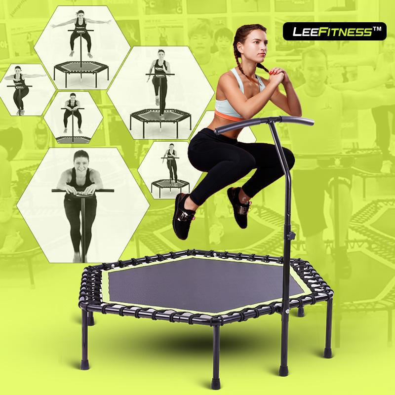 48" Hexagonal Fitness Trampoline with Handle - Silent Bounce, Elastic Rope, Commercial Model for Adults