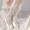 1 Pair Women's Sweet Lace Bow Mid Calf Socks JK Dressing Style Ribbon Straps Mesh Socks