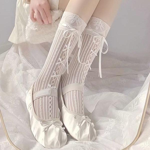 1 Pair Women's Sweet Lace Bow Mid Calf Socks JK Dressing Style Ribbon Straps Mesh Socks